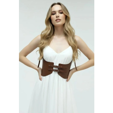 Taba Renk Kalın Kadın Kemeri, Deri Kemer Harness - 605