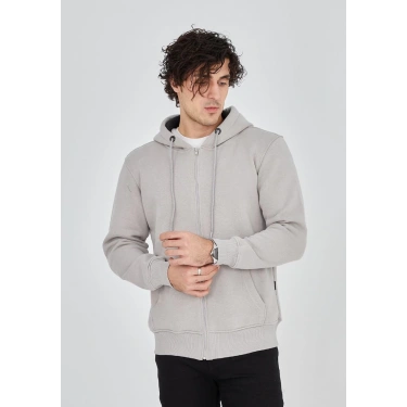 Tam Fermuarlı Kapşonlu  SweatShirt - Boyalı Gri