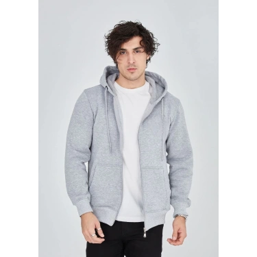 Tam Fermuarlı Kapşonlu  SweatShirt - Gri