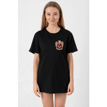 Türk Arma Baskılı Oversize Bisiklet Yaka Günlük T-shirt - Siyah