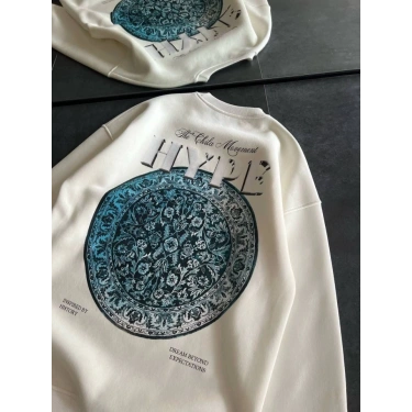 Üç İplik Bisiklet Yaka Baskılı SweatShirt - Beyaz