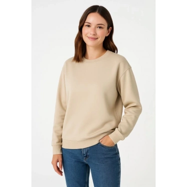 Üç İplik Düz Bisiklet Yaka SweatShirt - Bej