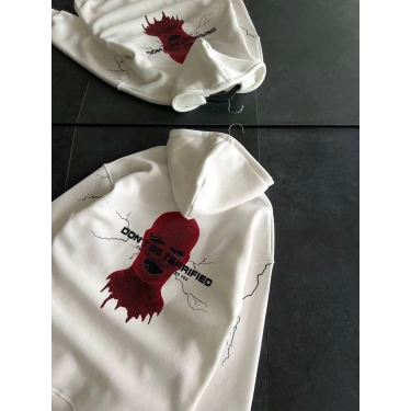 Üç İplik Kapüşonlu Baskılı Oversize SweatShirt- Beyaz