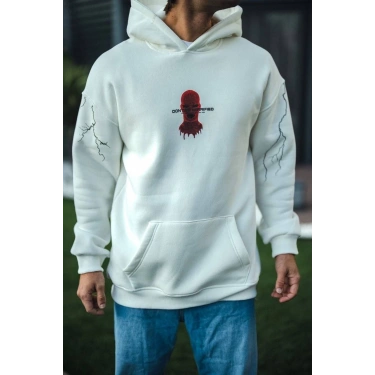Üç İplik Kapüşonlu Baskılı Oversize SweatShirt- Beyaz