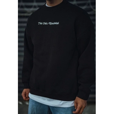 Üç İplik Penye Bisiklet Yaka Oversize Baskılı SweatShirt - Siyah