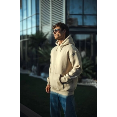 Üç İplik Penye Kapşonlu Basic SweatShirt - Bej -