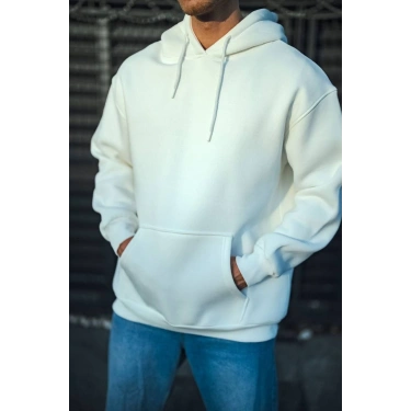 Üç İplik Penye Kapşonlu Basic SweatShirt - Beyaz