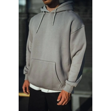 Üç İplik Penye Kapşonlu Basic SweatShirt - Boyalı Gri -