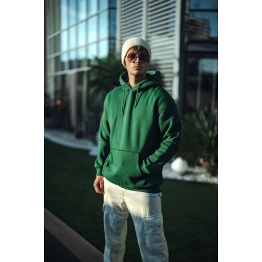 Üç İplik Penye Kapşonlu Basic SweatShirt - Haki -