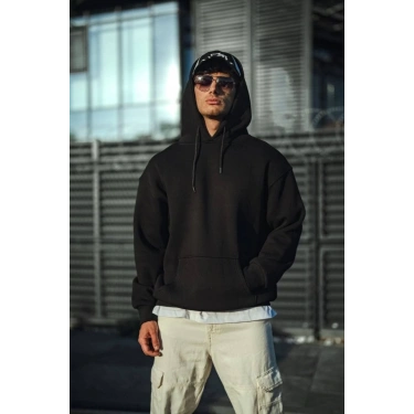 Üç İplik Penye Kapşonlu Basic SweatShirt - Siyah