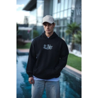 Üç İplik Penye Kapşonlu Baskılı SweatShirt - Siyah