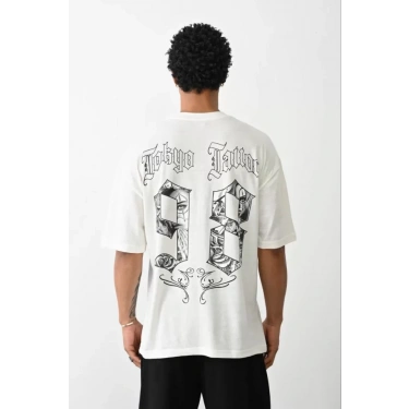 Unisex Baskılı Oversize T-Shirt - Beyaz