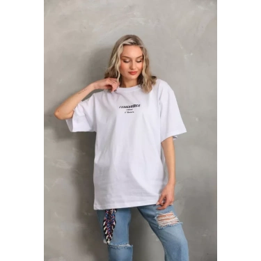 Unisex Baskılı Oversize T-Shirt - Beyaz