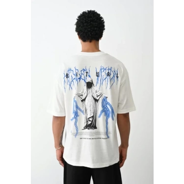 Unisex Baskılı Oversize T-Shirt - Beyaz