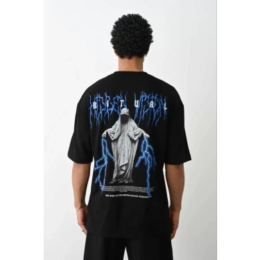 Unisex Baskılı Oversize T-Shirt - Siyah
