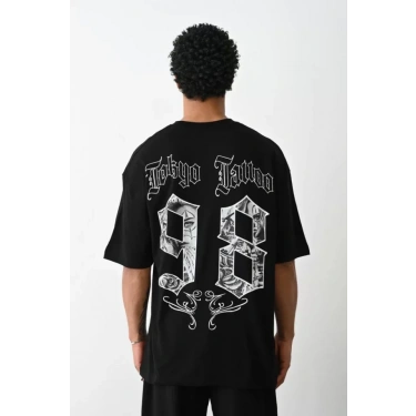 Unisex Baskılı Oversize T-Shirt - Siyah