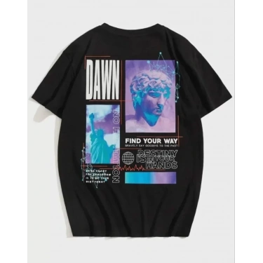 Unisex Baskılı Oversize T-Shirt - Siyah