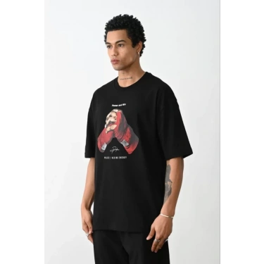 Unisex Baskılı Oversize T-Shirt - Siyah