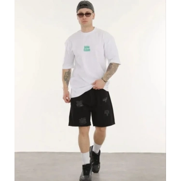 Unisex Bisiklet Yaka Baskılı Oversize T-Shirt - Beyaz