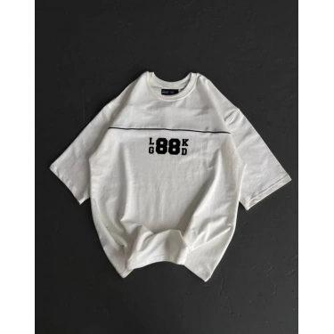 Unisex Bisiklet Yaka Baskılı Oversize T-Shirt - Beyaz