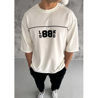 Unisex Bisiklet Yaka Baskılı Oversize T-Shirt - Beyaz