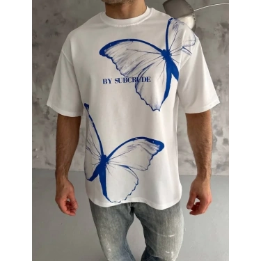 Unisex Bisiklet Yaka Baskılı Oversize T-Shirt - Beyaz