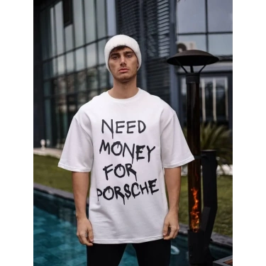 Unisex Bisiklet Yaka Baskılı Oversize T-Shirt - Beyaz