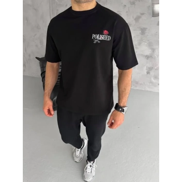 Unisex Bisiklet Yaka Baskılı Oversize T-Shirt - Siyah