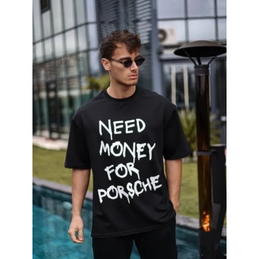 Unisex Bisiklet Yaka Baskılı Oversize T-Shirt - Siyah