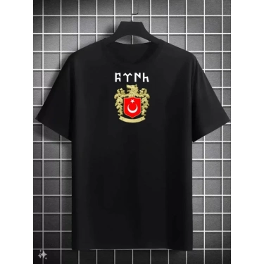 Unisex Bisiklet Yaka Baskılı Oversize T-Shirt - Siyah