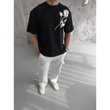 Unisex Bisiklet Yaka Baskılı Oversize T-Shirt - Siyah