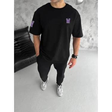 Unisex Bisiklet Yaka Baskılı Oversize T-Shirt - Siyah