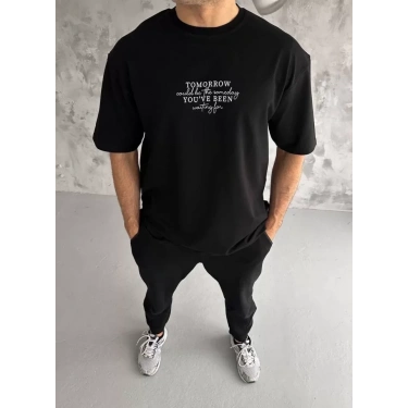 Unisex Bisiklet Yaka Baskılı Oversize T-Shirt - Siyah