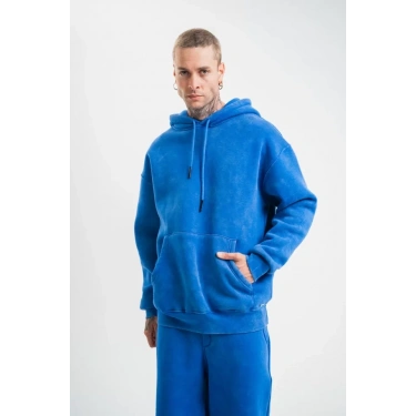 Unisex Double Oversize Kapşonlu Yıkamalı SweatShirt - Mavi