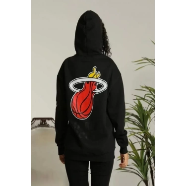 Unisex Kapşonlu Baskılı Sweetshirt - Siyah