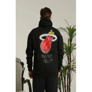 Unisex Kapşonlu Baskılı Sweetshirt - Siyah