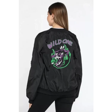 Unisex Uzun Kol Baskılı Bomber Ceket - Siyah