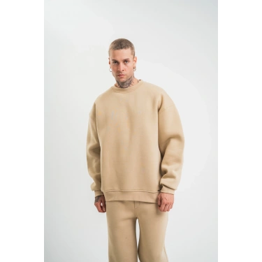 Uzun Kol Bisiklet Yaka Basic SweatShirt - Bej