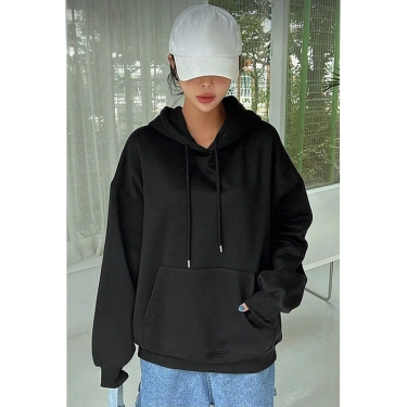 Uzun Kol Kapşonlu Basic Sweatshirt hoodie - Siyah