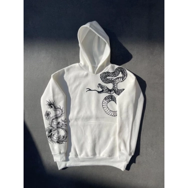 Uzun Kol Kapşonlu Baskılı SweatShirt - Beyaz