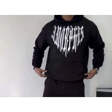 Uzun Kol Kapşonlu Baskılı SweatShirt - Siyah