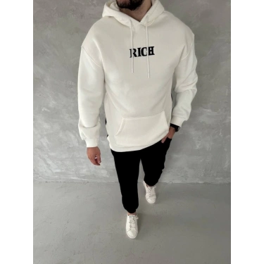 Uzun Kol Kapşonlu Göğüs Baskılı SweatShirt - Beyaz
