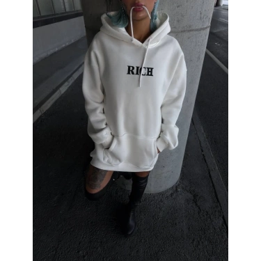 Uzun Kol Kapşonlu Göğüs Baskılı SweatShirt - Beyaz