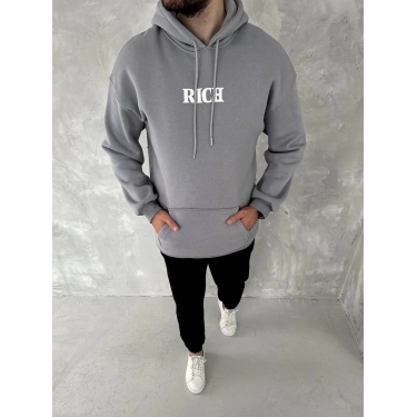 Uzun Kol Kapüşonlu Göğüs Baskılı SweatShirt - Gri