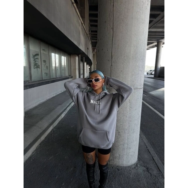 Uzun Kol Kapüşonlu Göğüs Baskılı SweatShirt - Gri