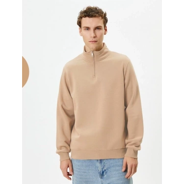 Uzun Kol Yarım Farmuarlı Yakalı Basic SweatShirt - Bej