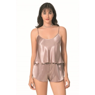 Vizon Saten Babydoll Şort Takımı