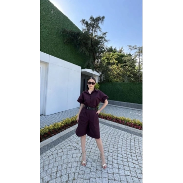 Yakalı Gömlek Kemerli Şortlu Takım - Bordo