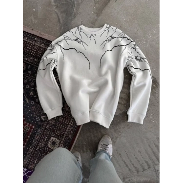 Yıldırım Baskılı Bisiklet Yaka SweatShirt - Beyaz