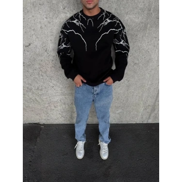 Yıldırım Baskılı Bisiklet Yaka SweatShirt - Siyah